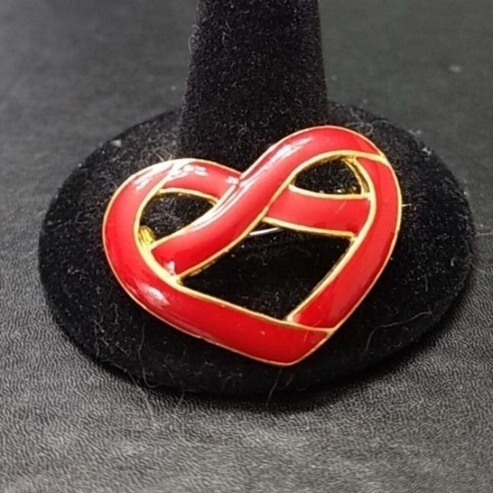 Gold tone red enamel heart brooch